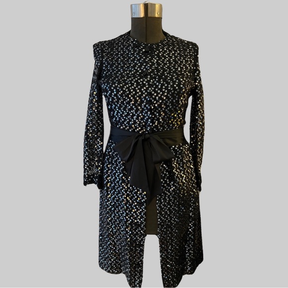 VINTAGE 60’s RONA NEW YORK BLACK SEQUIN EVENING JACKET WITH SATIN BELT, SIZE SM - Picture 3 of 9